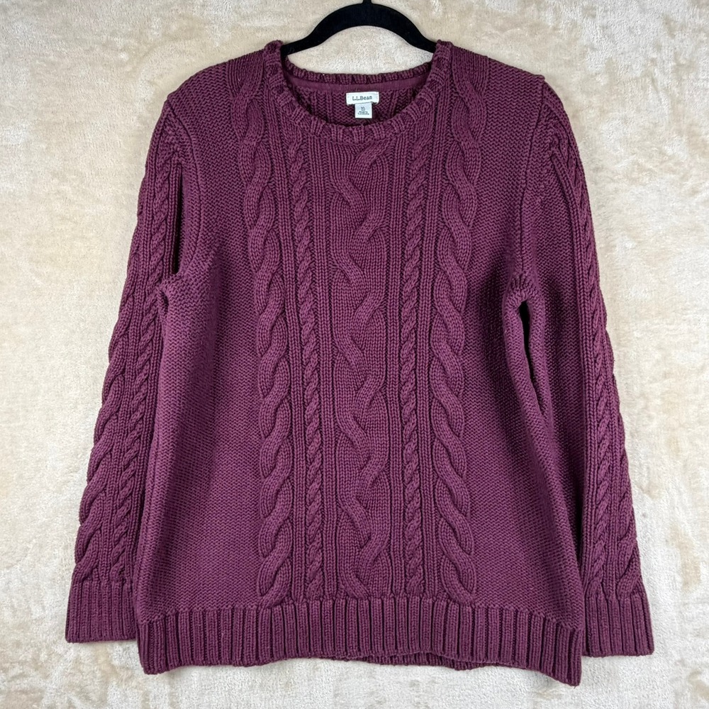 LL Bean Womens XL Plum Purple 100% Cotton Cable Knit Crewneck Sweater Classic